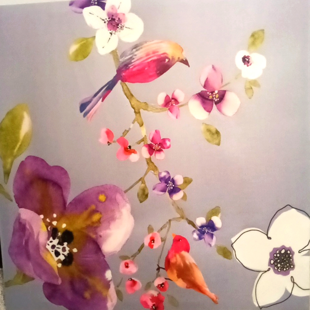 💜NWT- Floral and Bird Wall Art Canvas Painting 19.5" x 19.5" Square